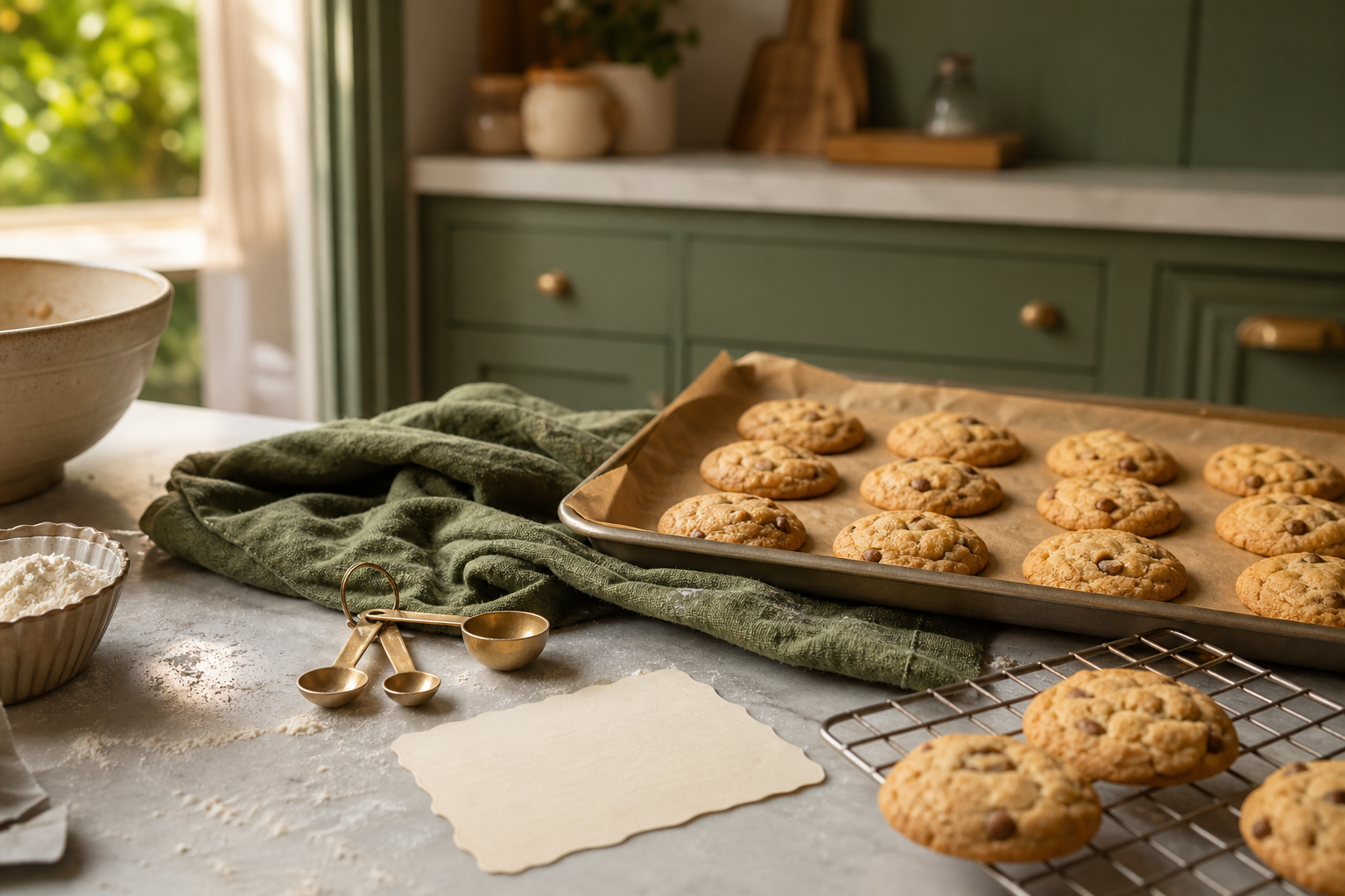 A home kitchen counter set with fresh baked dessert and baking tools